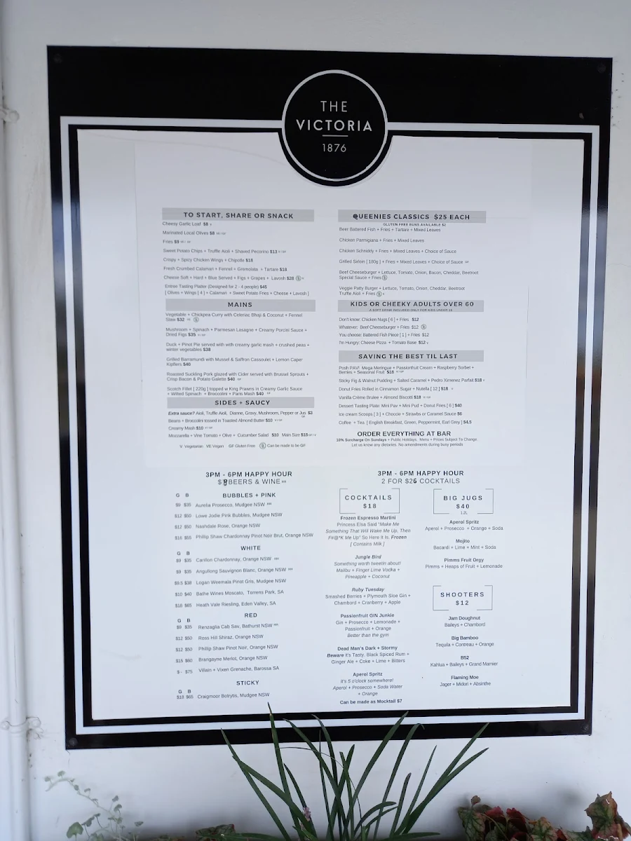 Menu, The Victoria Bathurst