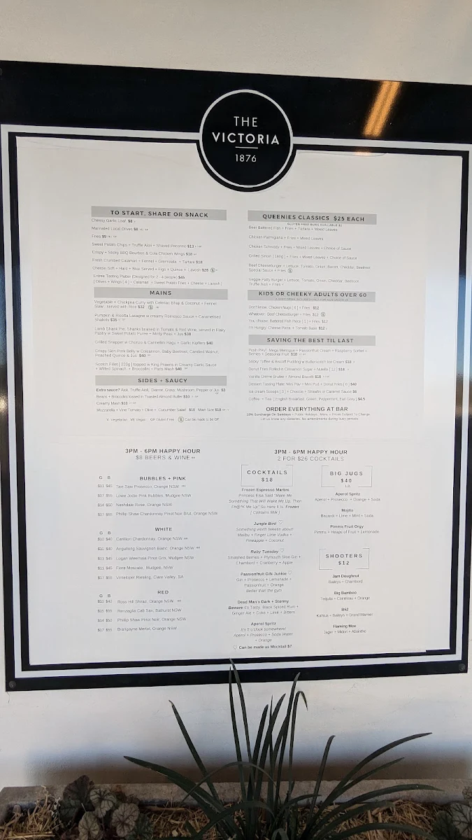 Menu, The Victoria Bathurst