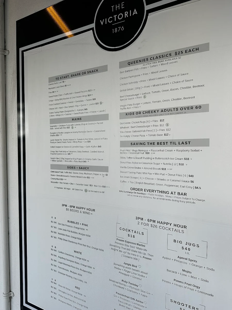 Menu, The Victoria Bathurst