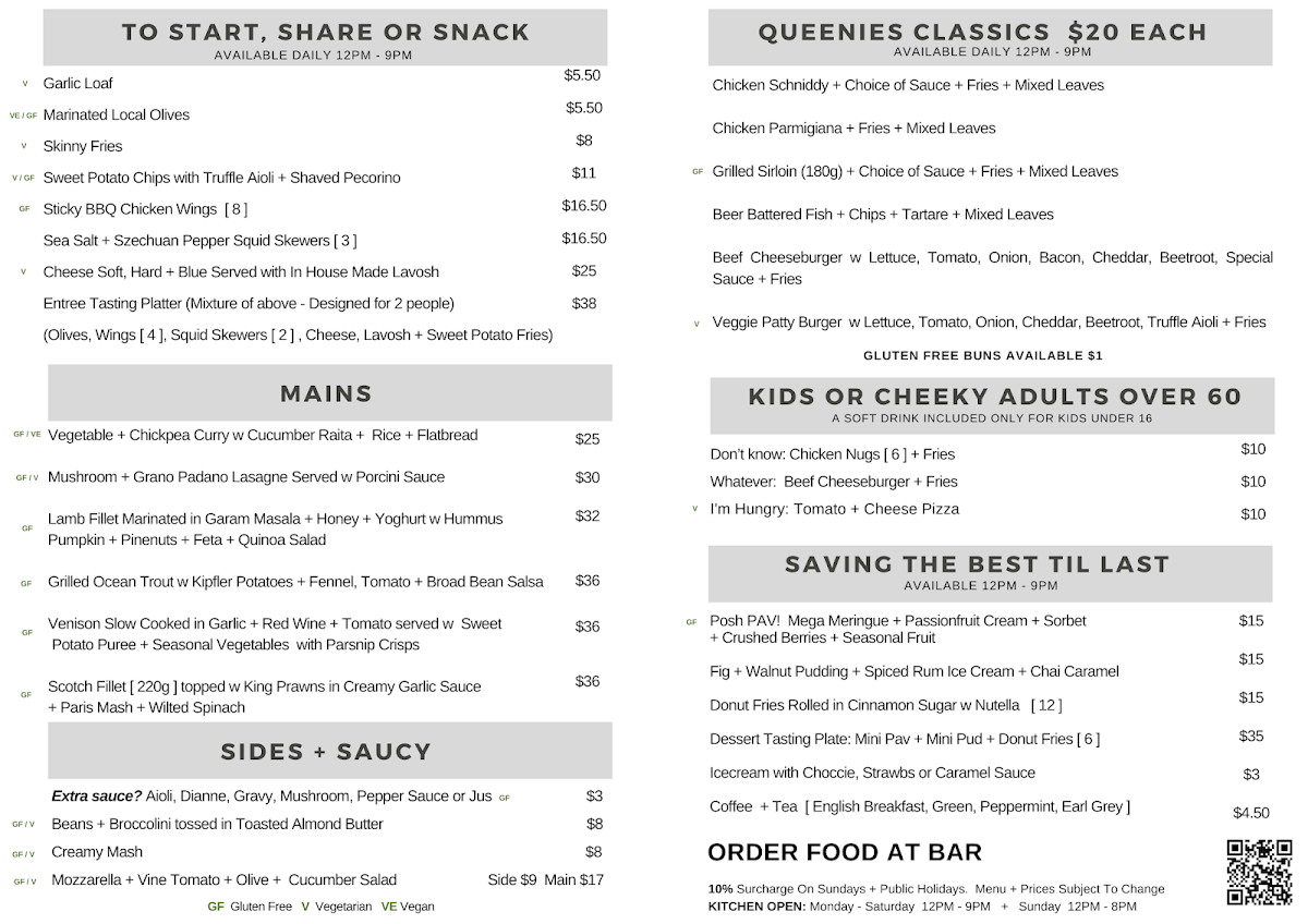 Menu, The Victoria Bathurst