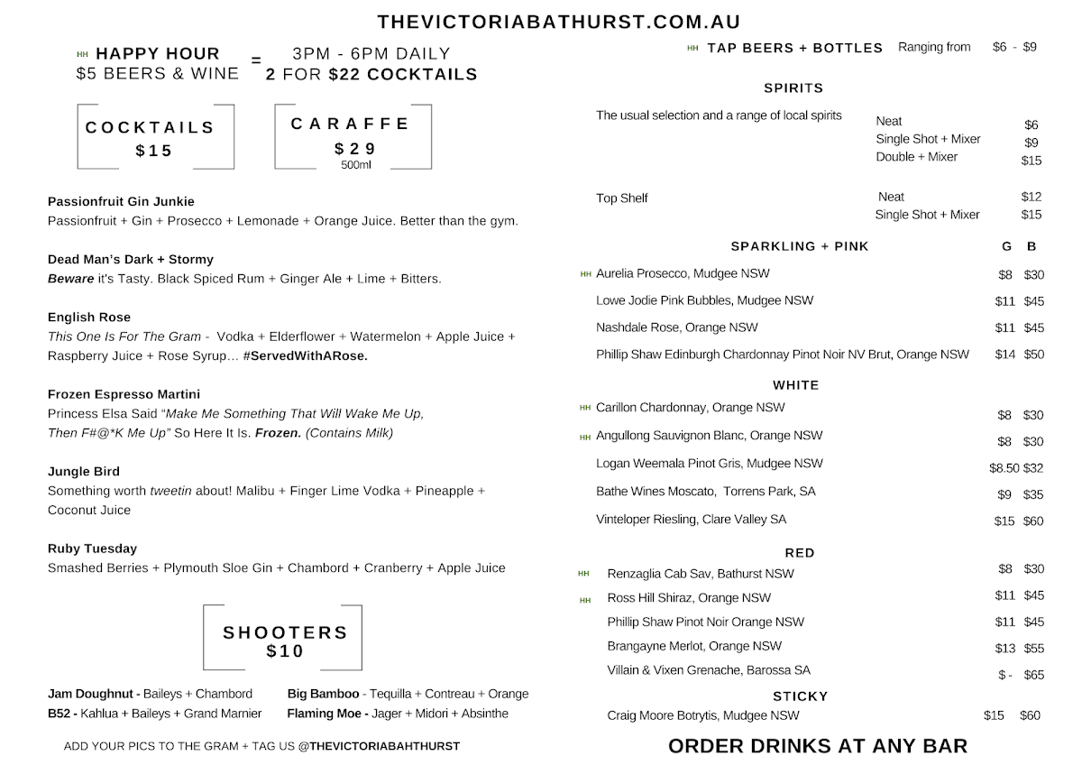 Menu, The Victoria Bathurst