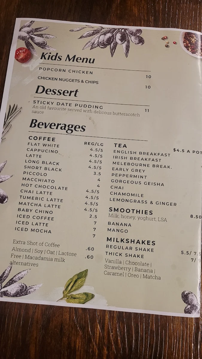 Menu, Camden Grove Cafe