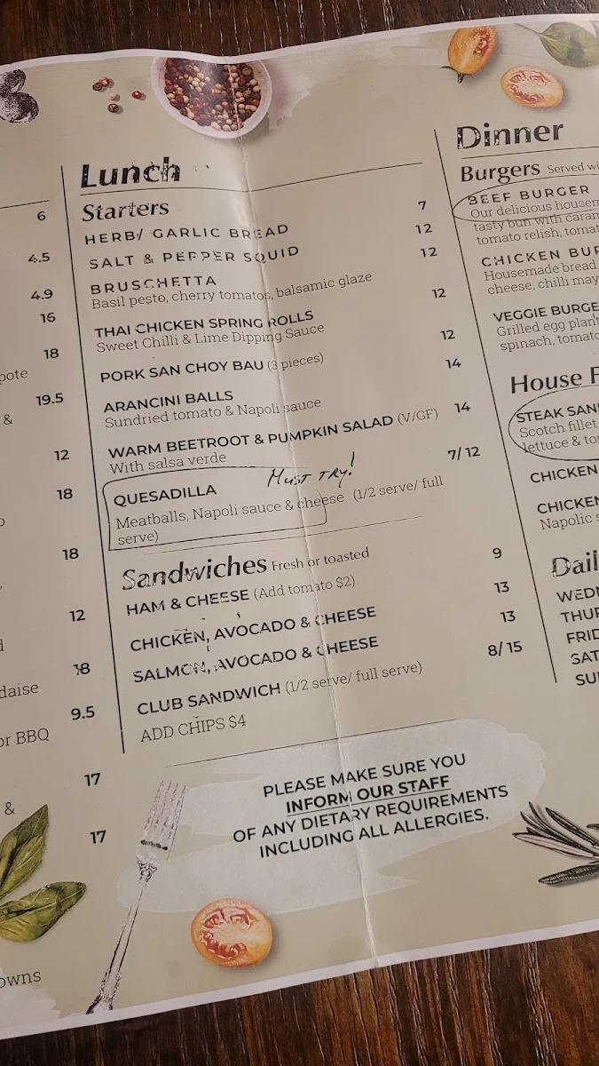 Menu, Camden Grove Cafe