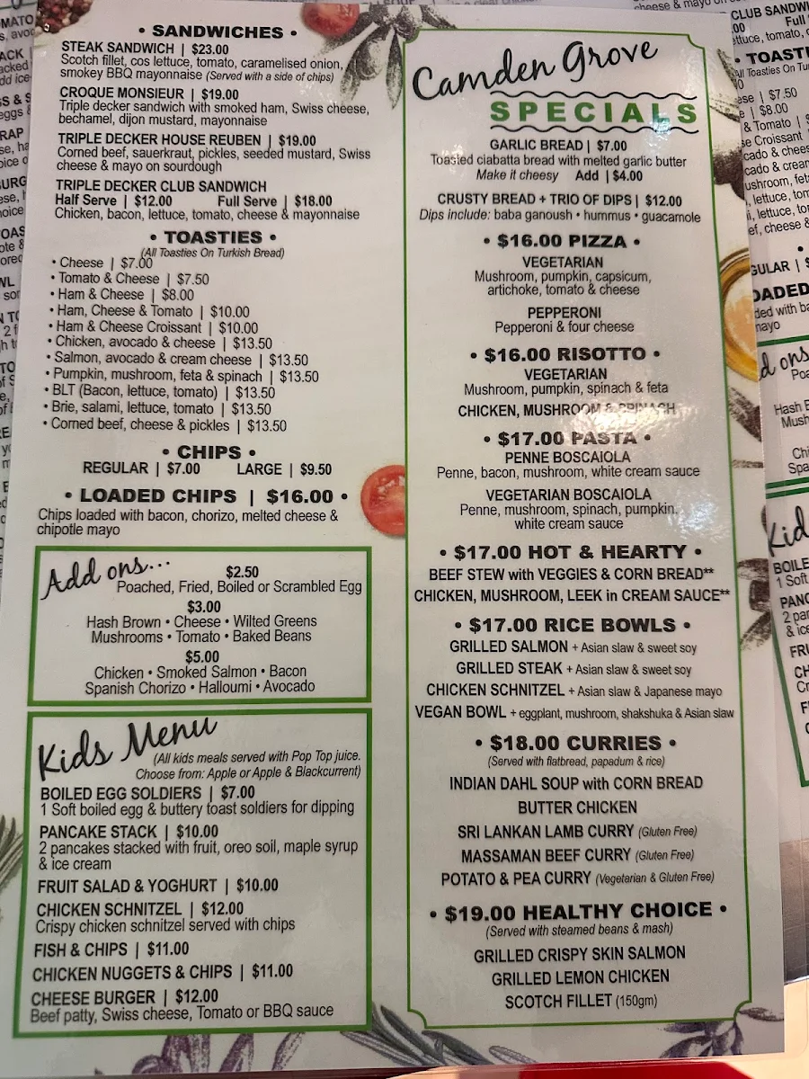 Menu, Camden Grove Cafe
