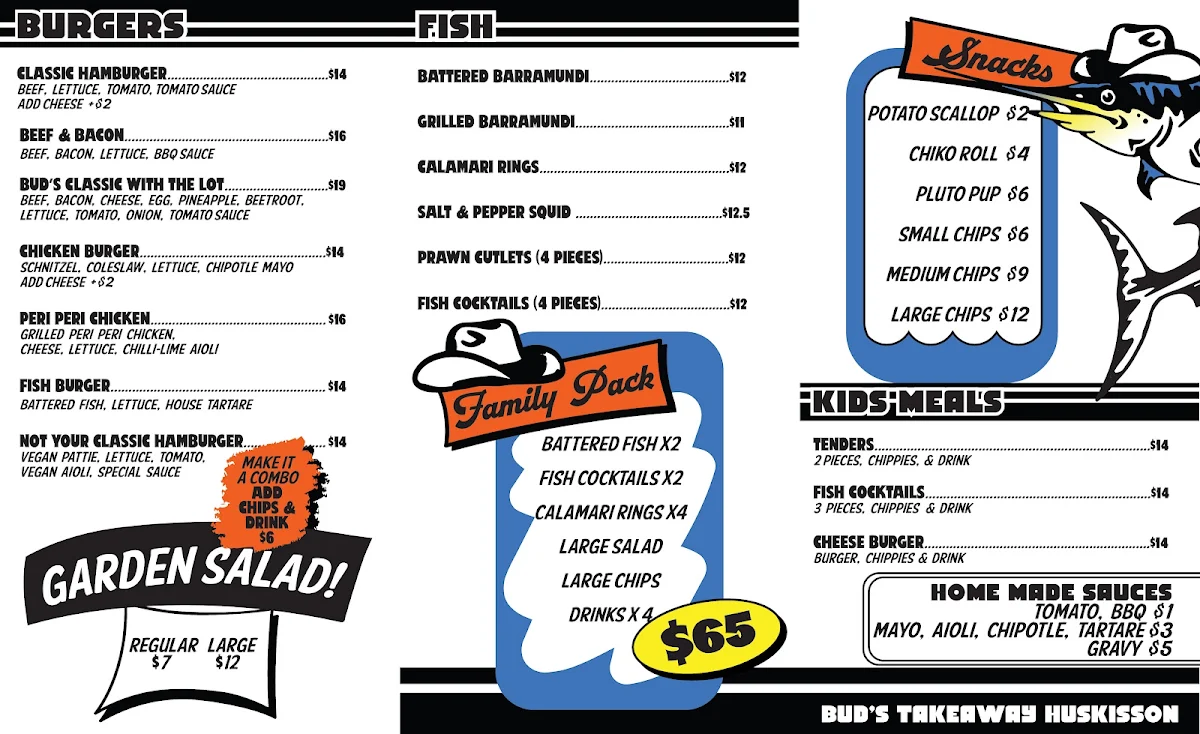 Menu, Bud’s Takeaway