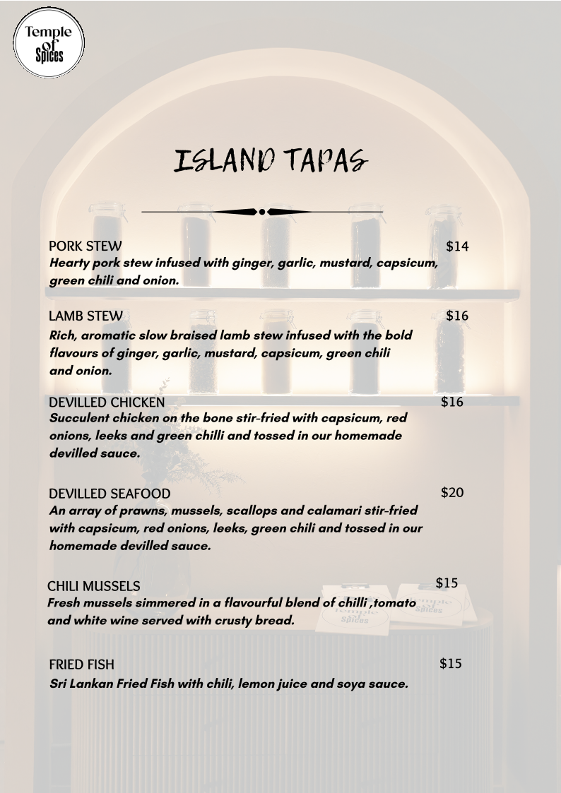 Menu, Temple of Spices