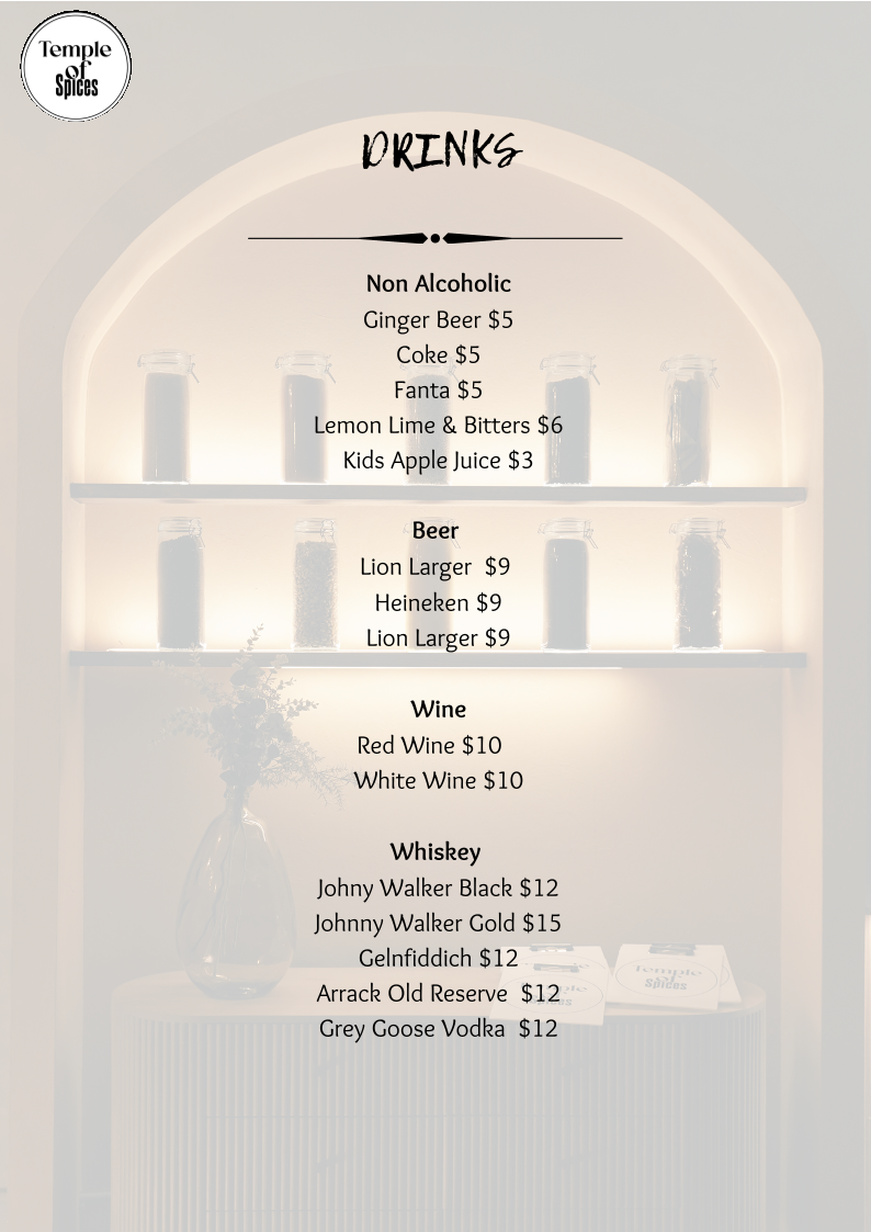 Menu, Temple of Spices