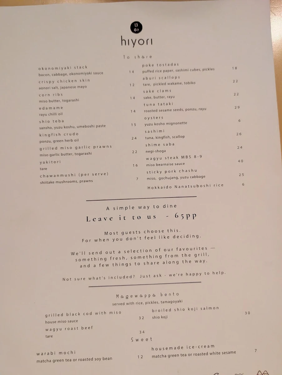 Menu, Hiyori Japanese Bar & Restaurant