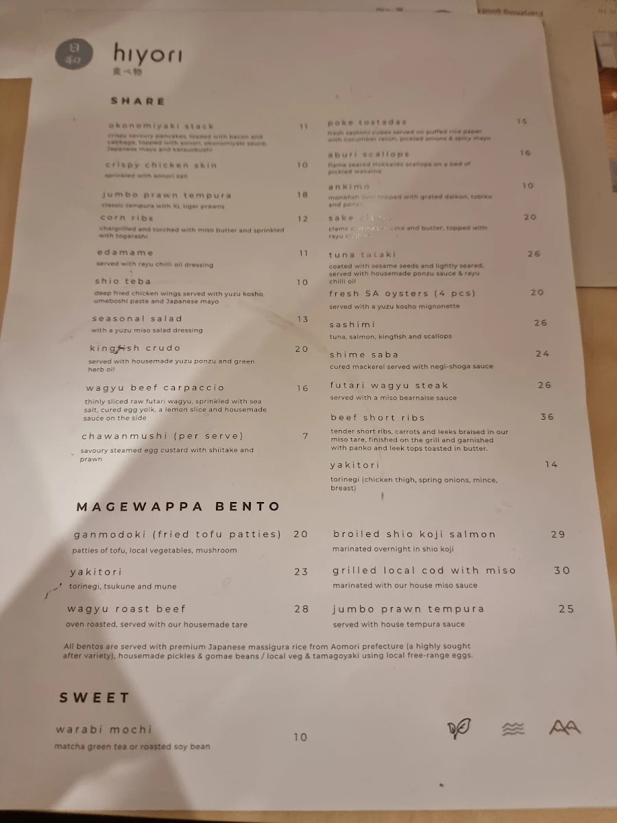 Menu, Hiyori Japanese Bar & Restaurant