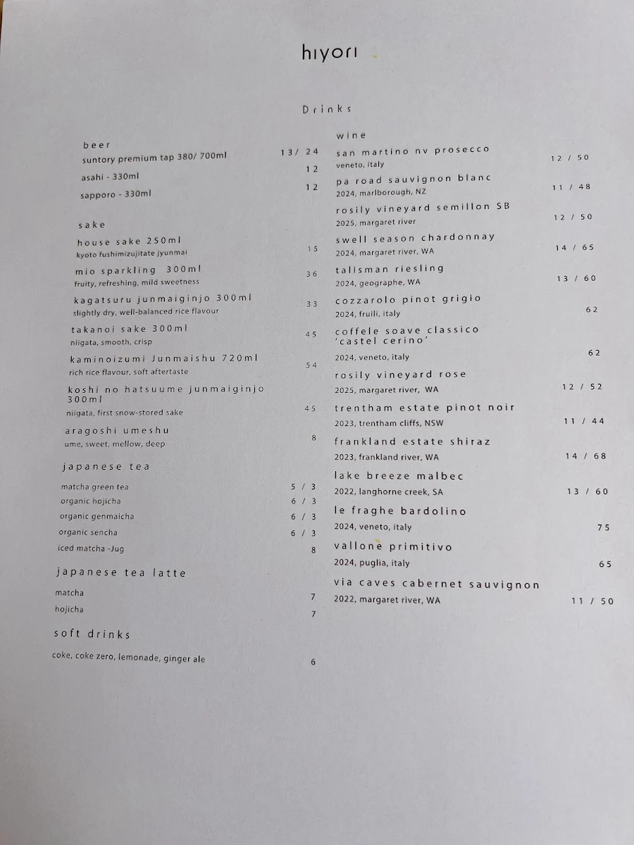 Menu, Hiyori Japanese Bar & Restaurant