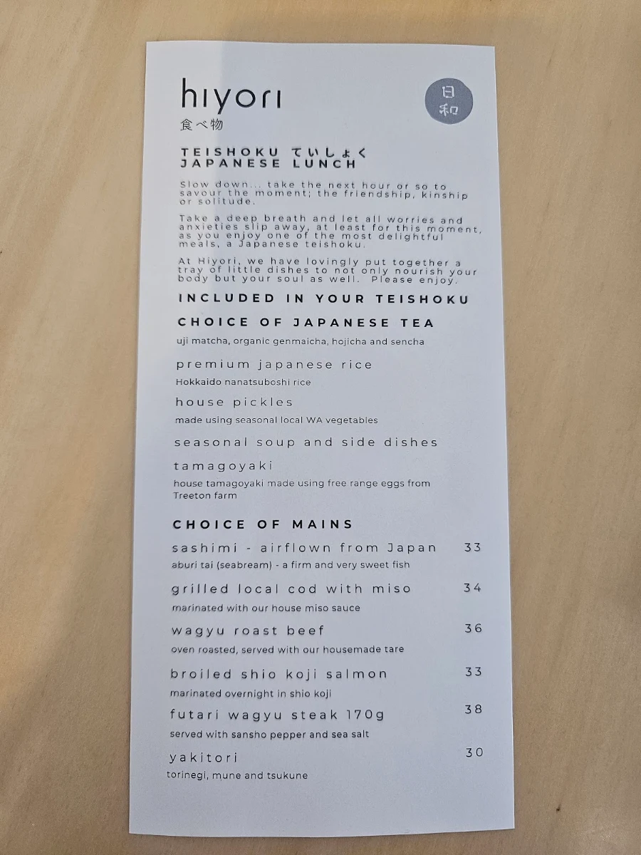 Menu, Hiyori Japanese Bar & Restaurant