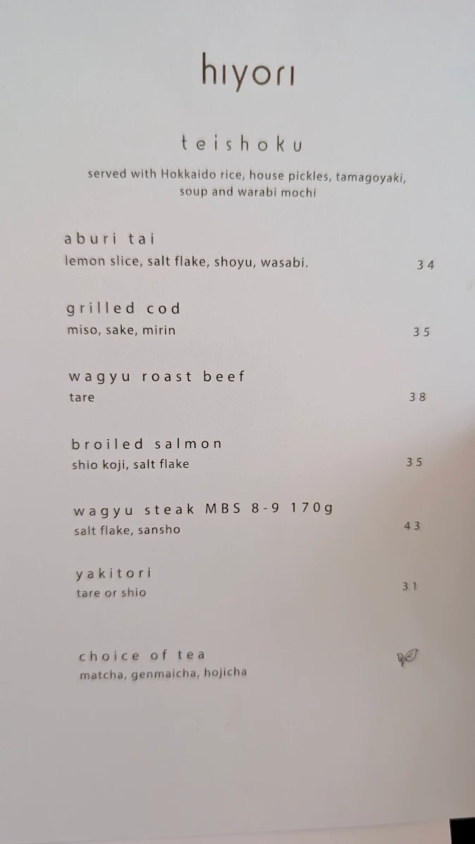 Menu, Hiyori Japanese Bar & Restaurant