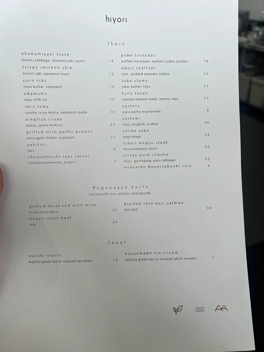 Menu, Hiyori Japanese Bar & Restaurant