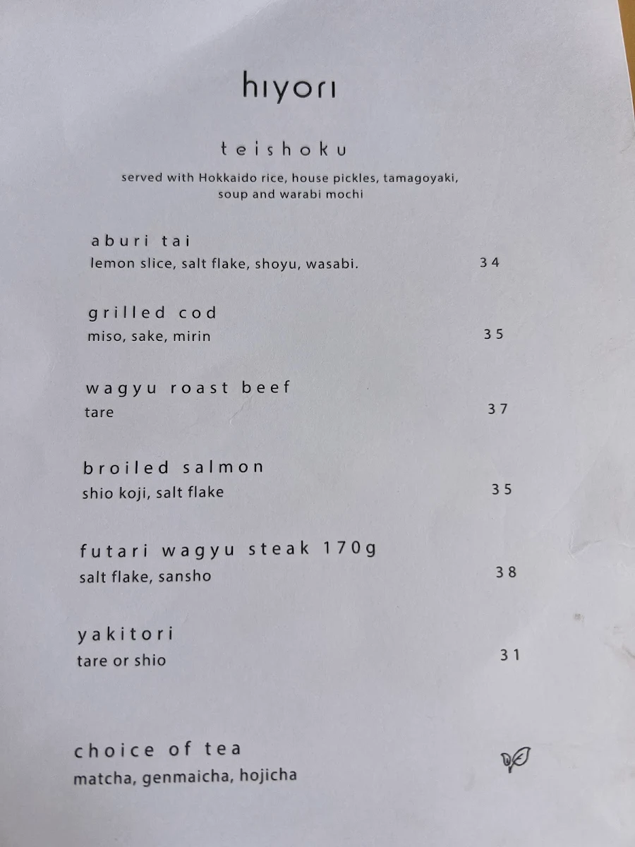 Menu, Hiyori Japanese Bar & Restaurant