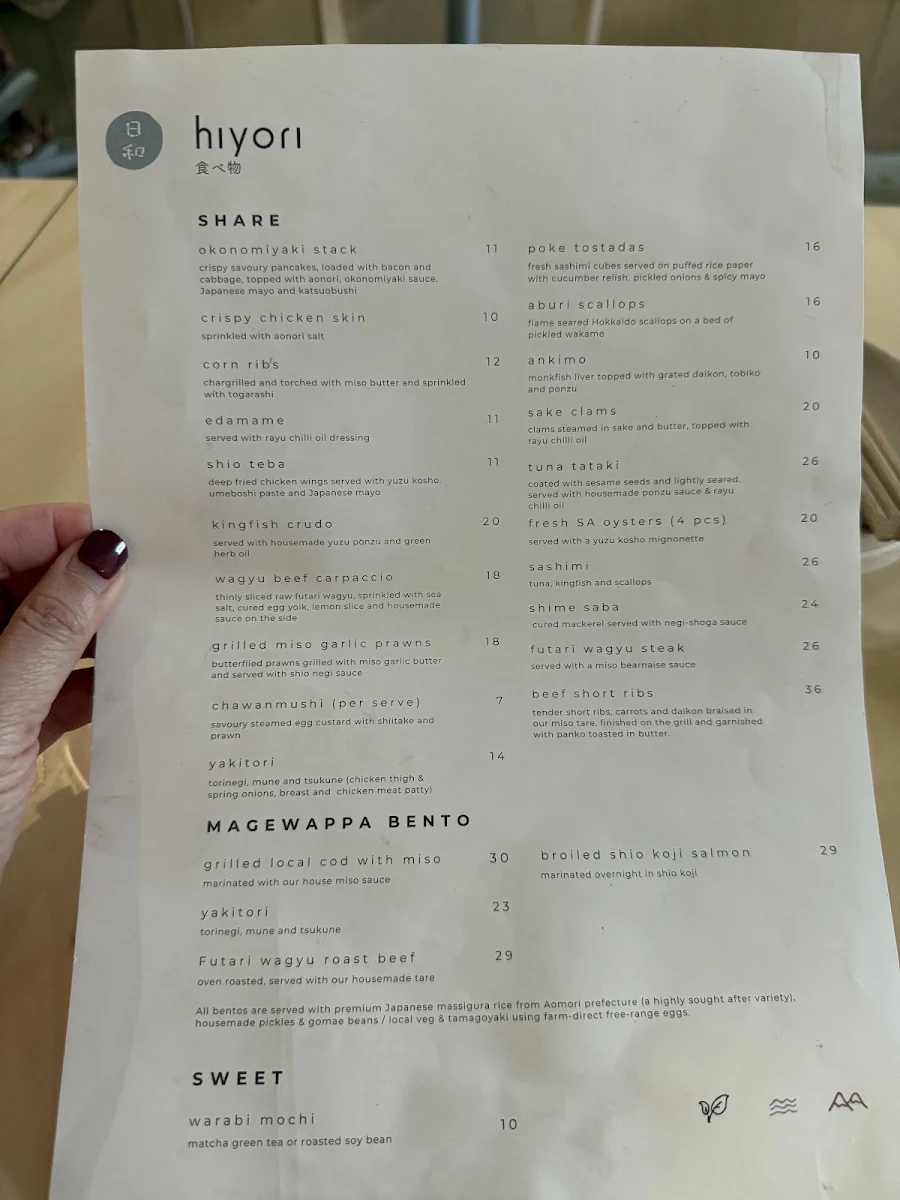 Menu, Hiyori Japanese Bar & Restaurant