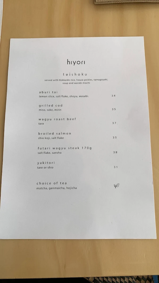 Menu, Hiyori Japanese Bar & Restaurant