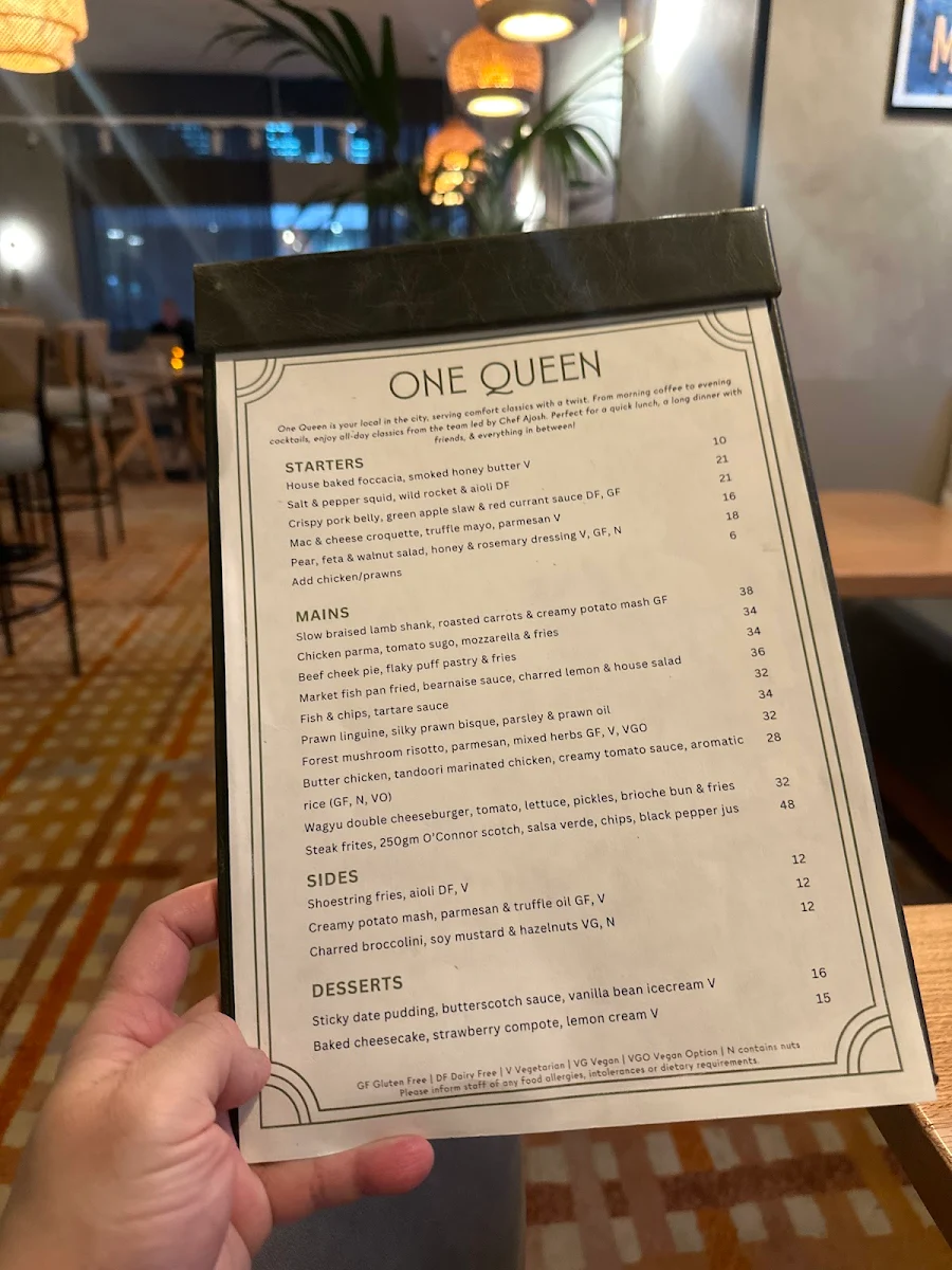 Menu, One Queen Restaurant