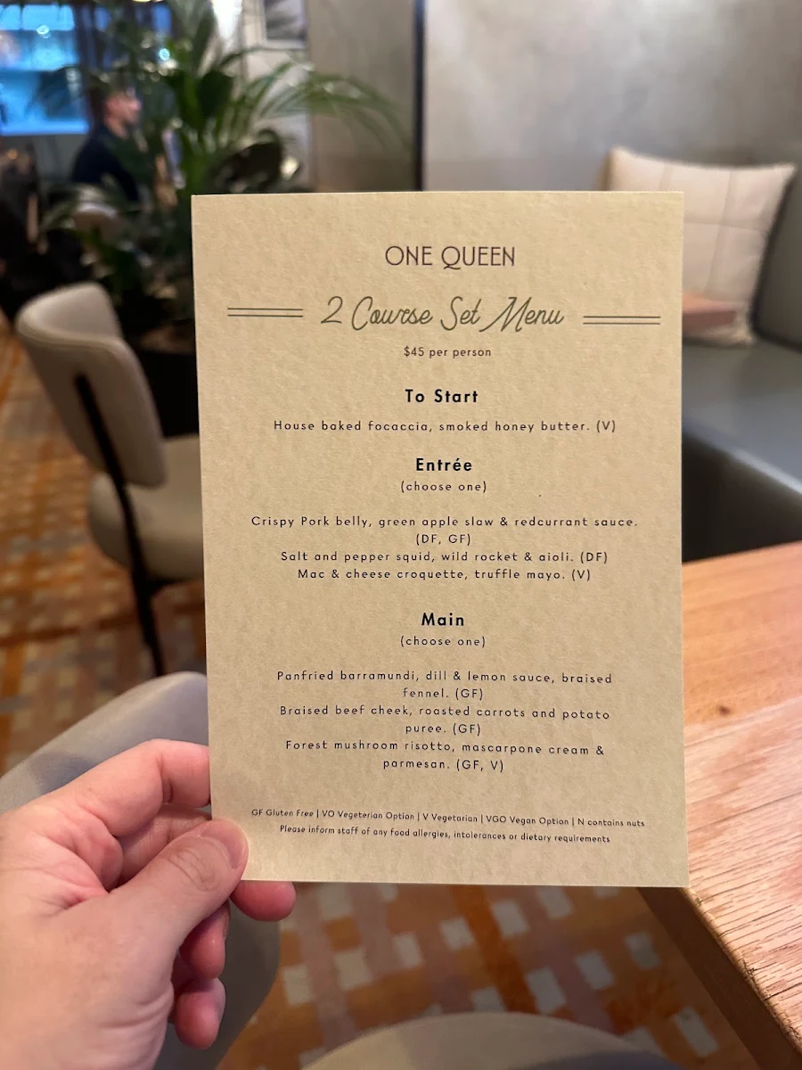 Menu, One Queen Restaurant