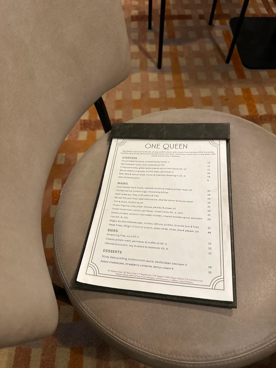 Menu, One Queen Restaurant