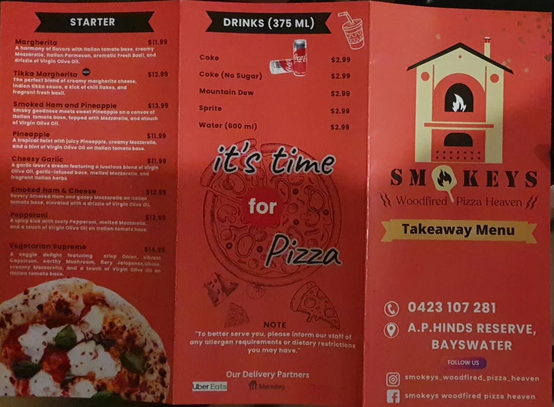 Menu, Smokeys Woodfired Pizza Heaven