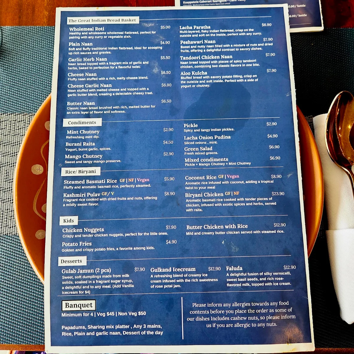 Menu, THE INDIAN TOWN