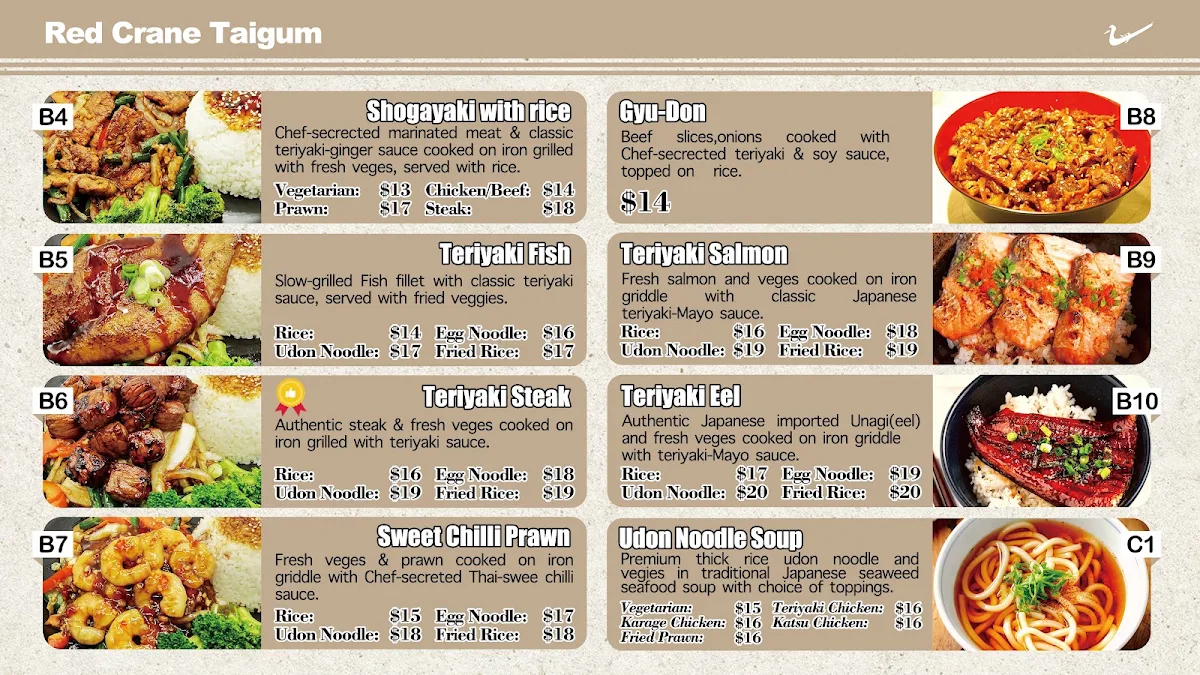 Menu, RED CRANE Taigum