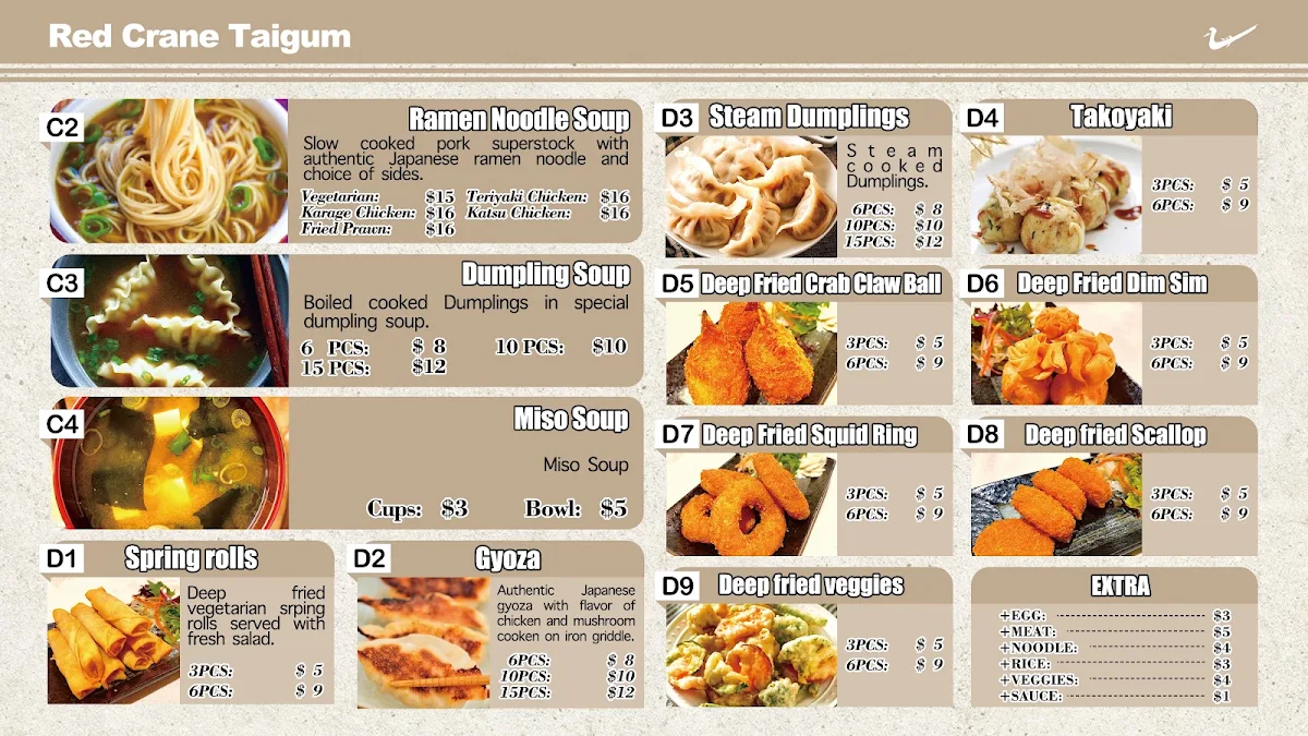 Menu, RED CRANE Taigum