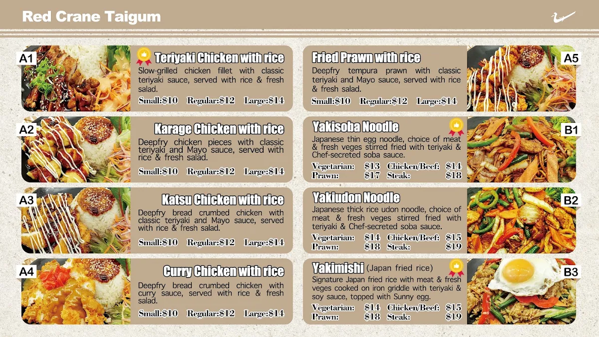 Menu, RED CRANE Taigum