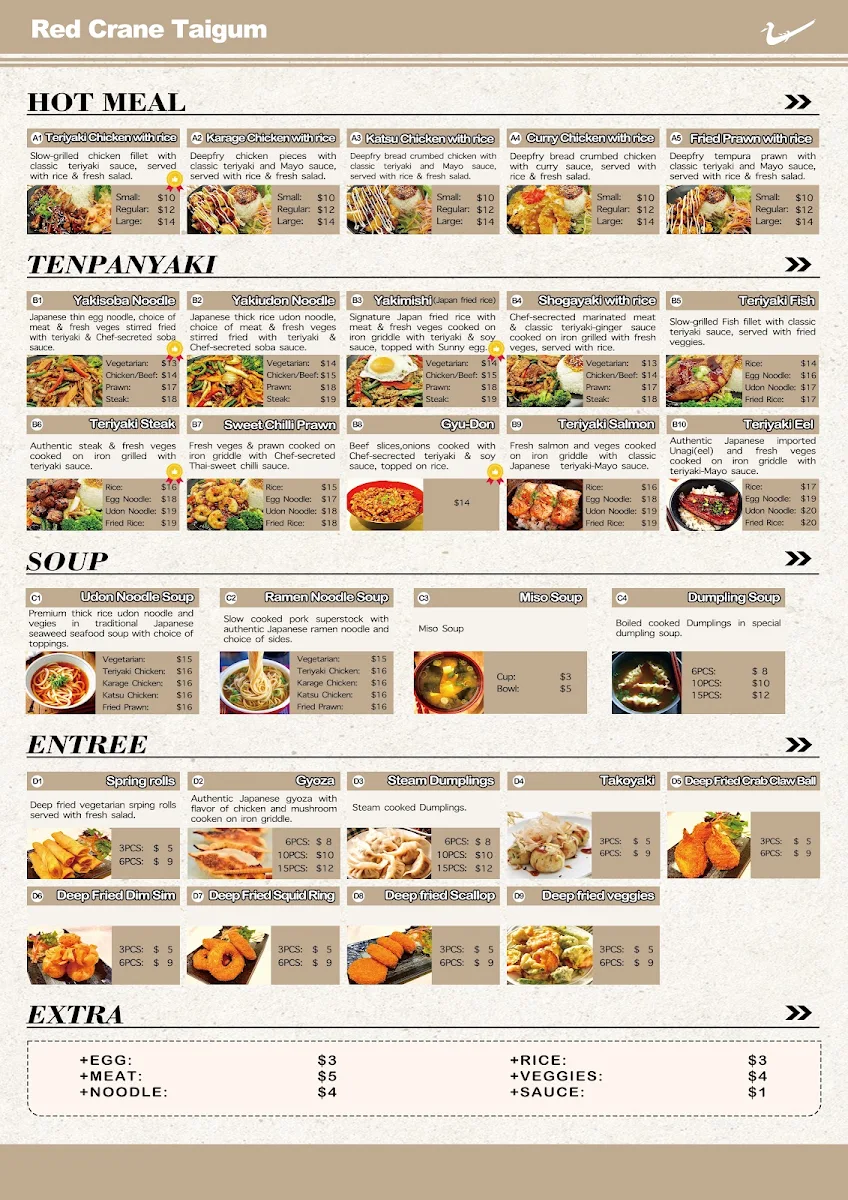 Menu, RED CRANE Taigum