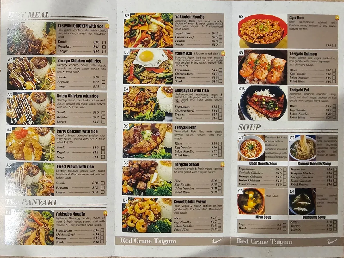 Menu, RED CRANE Taigum