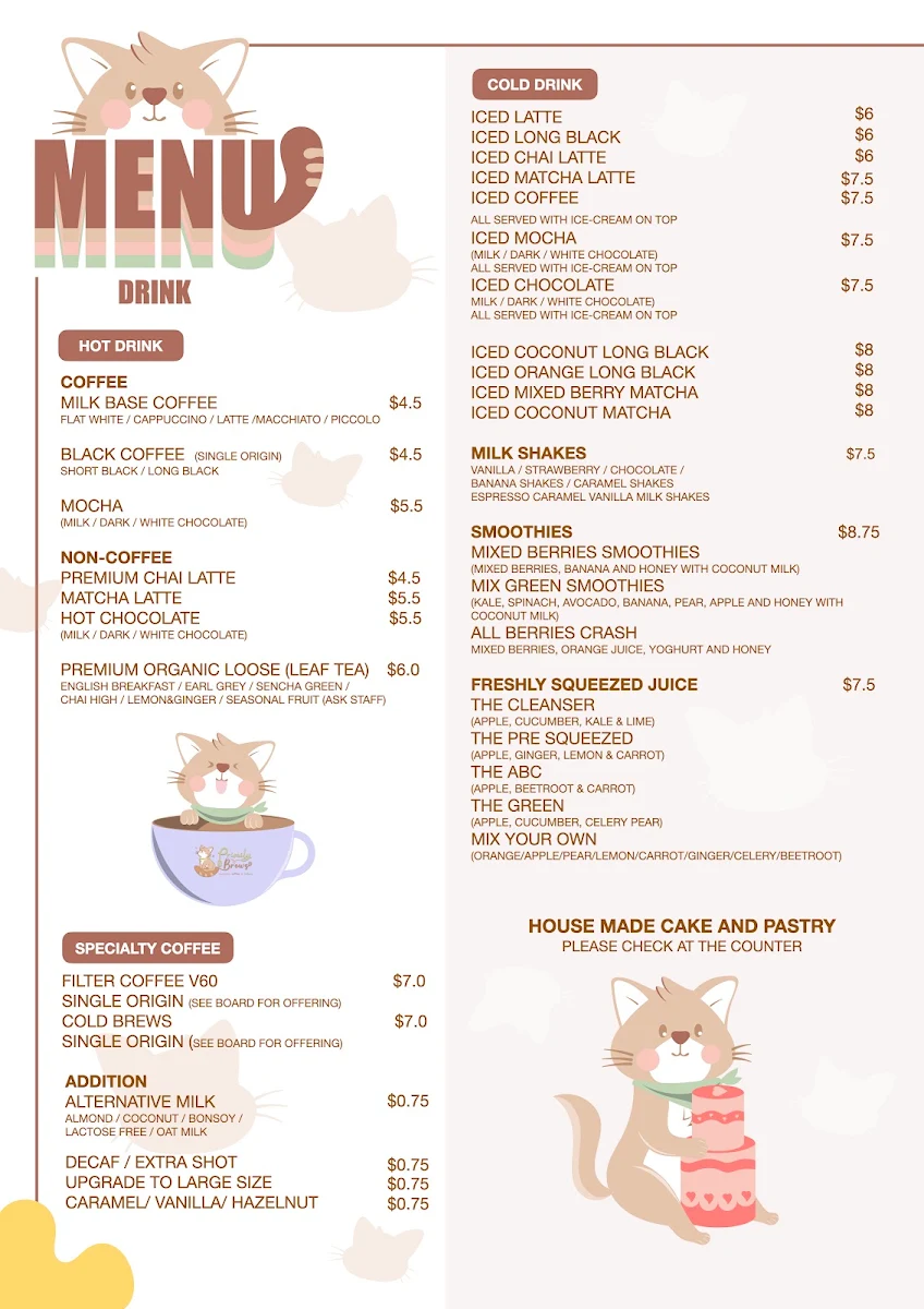 Menu, Primily Brews Cafe