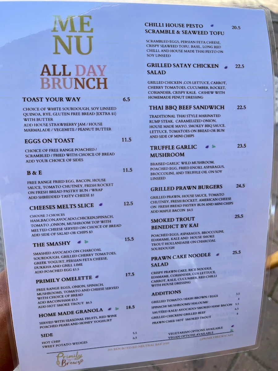 Menu, Primily Brews Cafe