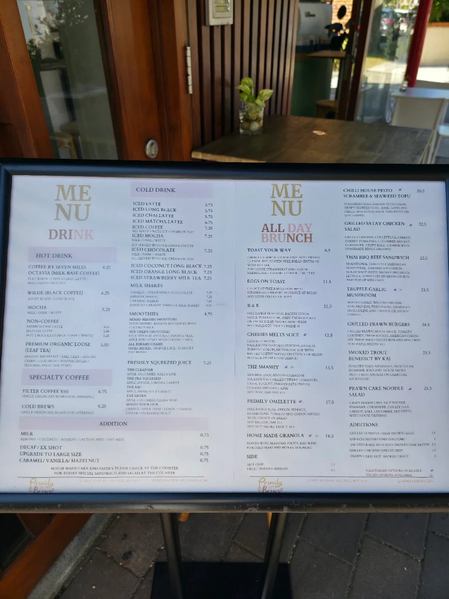 Menu, Primily Brews Cafe