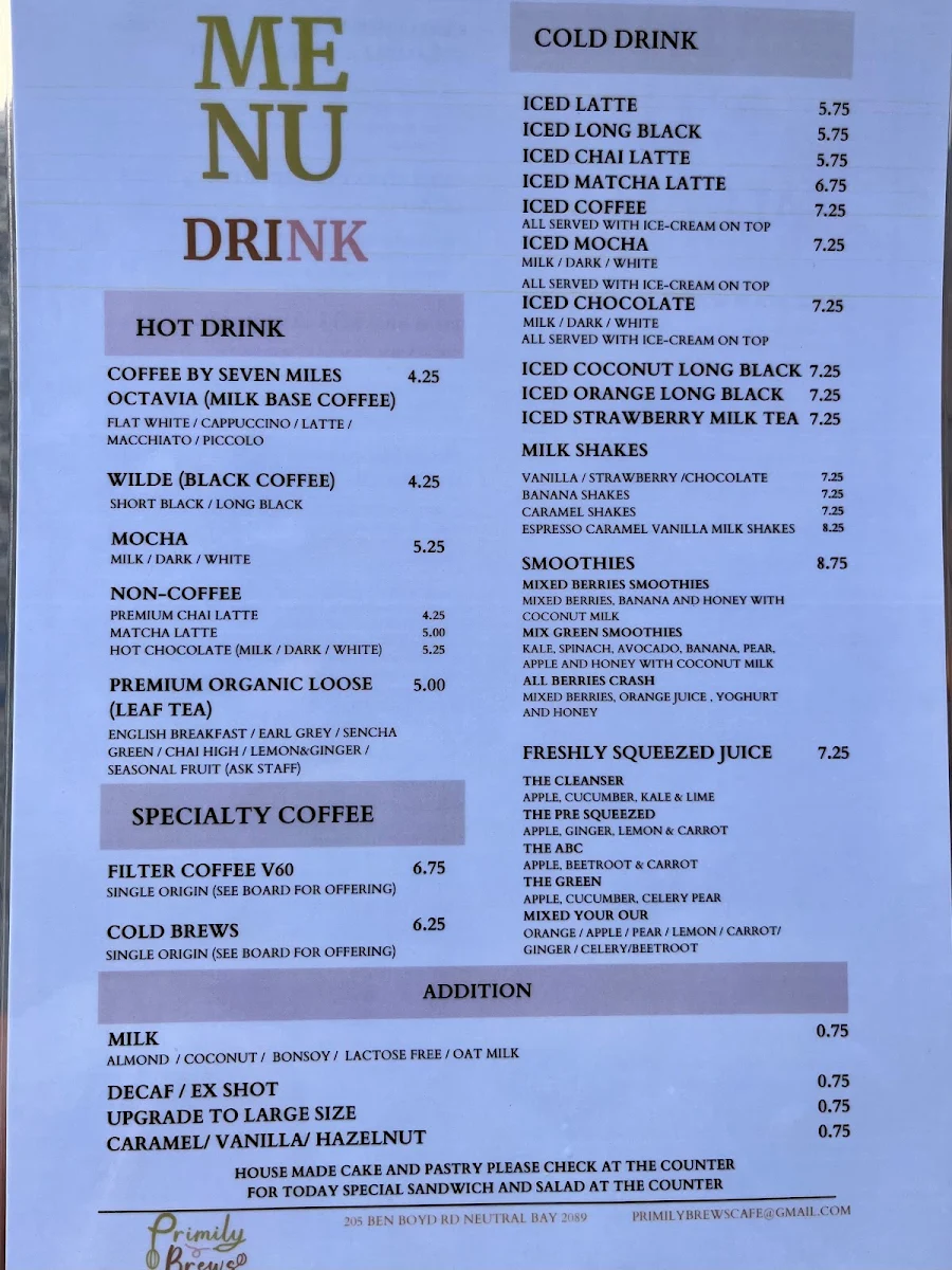 Menu, Primily Brews Cafe