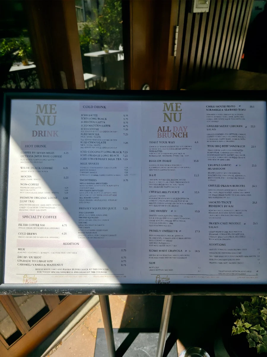 Menu, Primily Brews Cafe