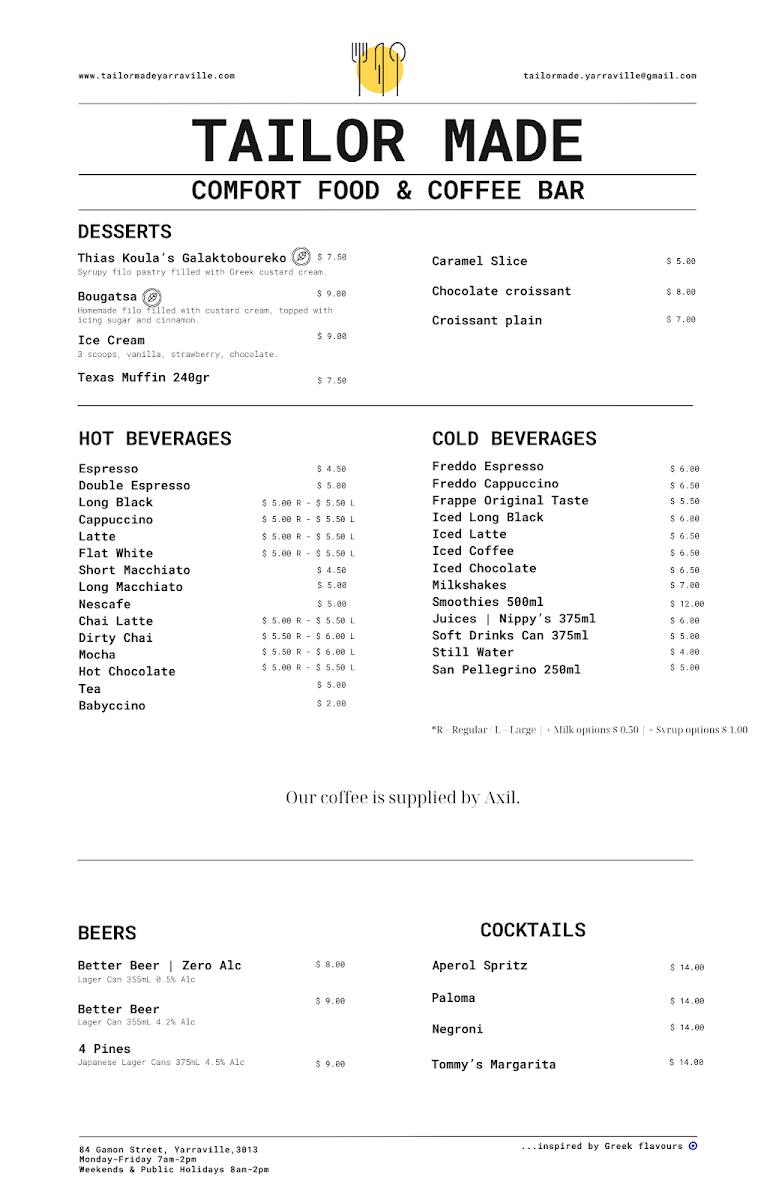 Menu, TAILOR MADE | Comfort Food & Coffee Bar