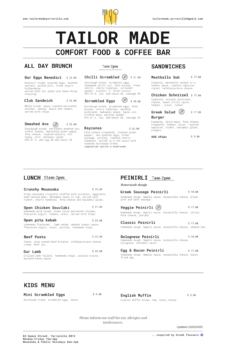 Menu, TAILOR MADE | Comfort Food & Coffee Bar
