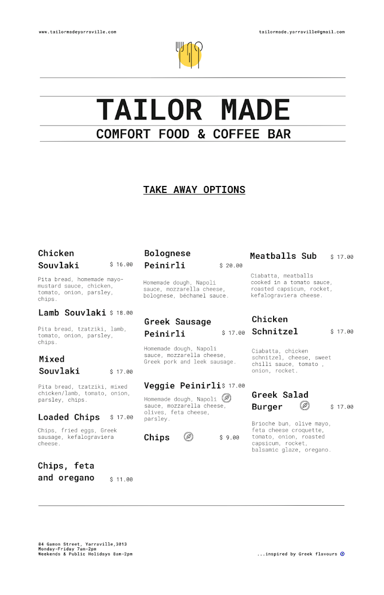 Menu, TAILOR MADE | Comfort Food & Coffee Bar