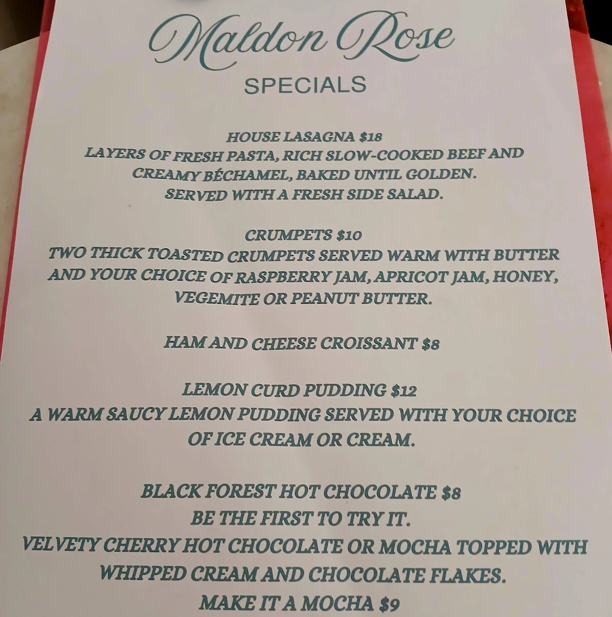 Menu, Maldon Rose & The Dessert Society
