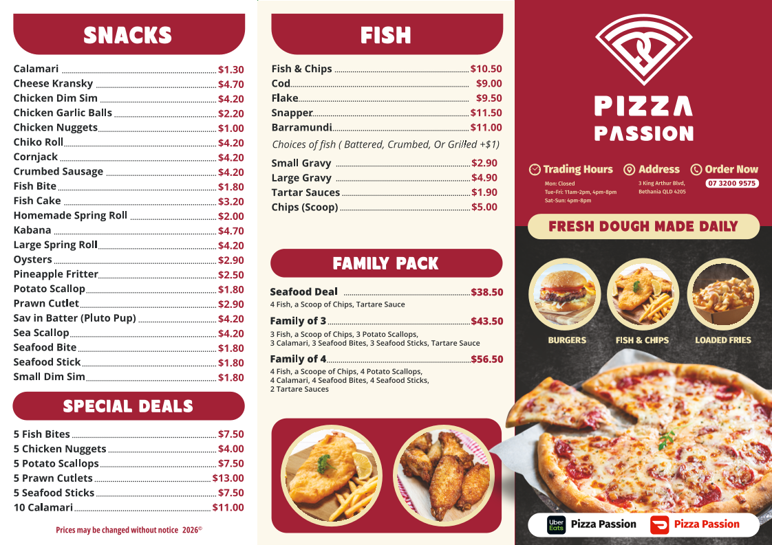 Menu, Pizza Passion ( Previous name Bethania Takeaway & Pizza Bar)