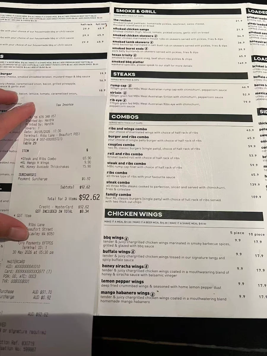 Menu, Ribs Lane Mount Lawley