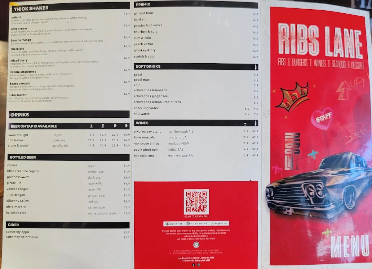 Menu, Ribs Lane Mount Lawley