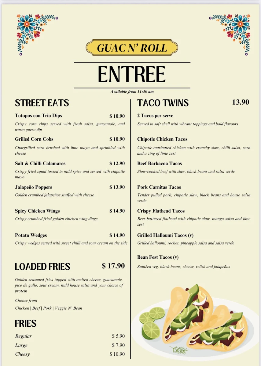Menu, Guac N' Roll