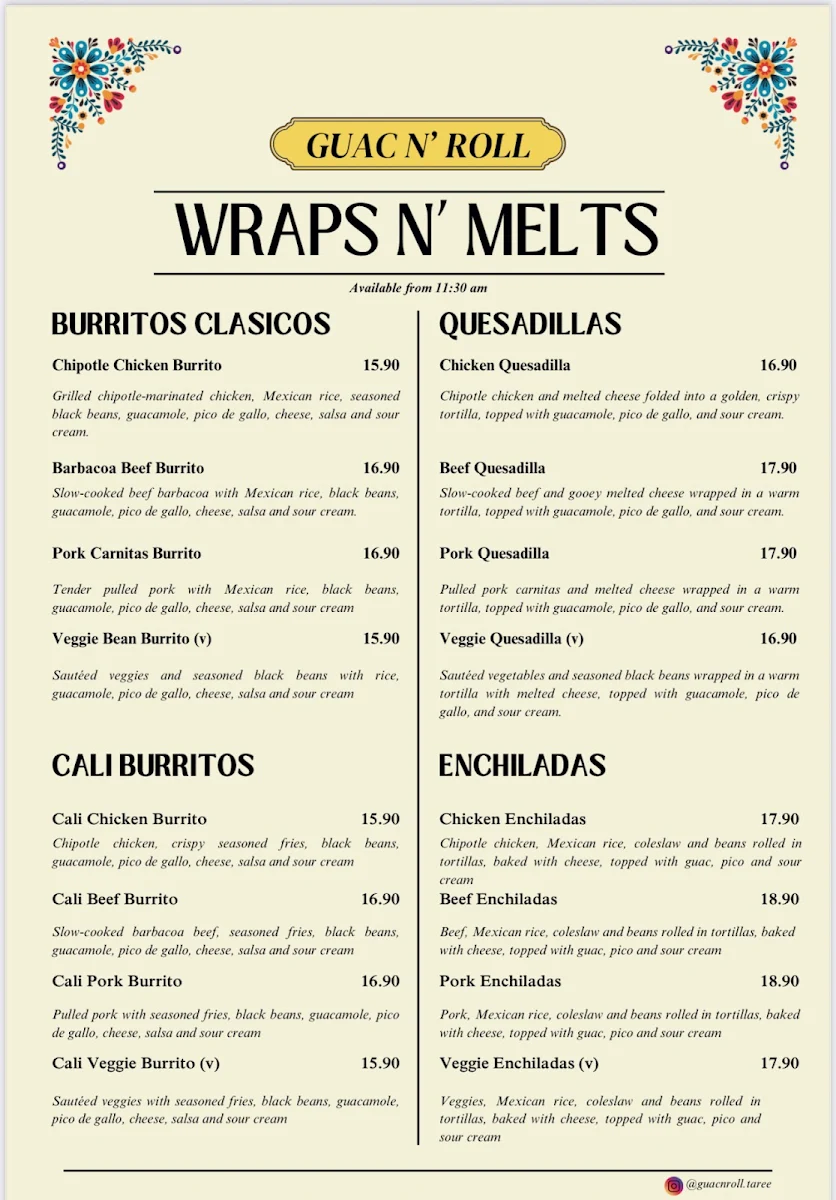 Menu, Guac N' Roll