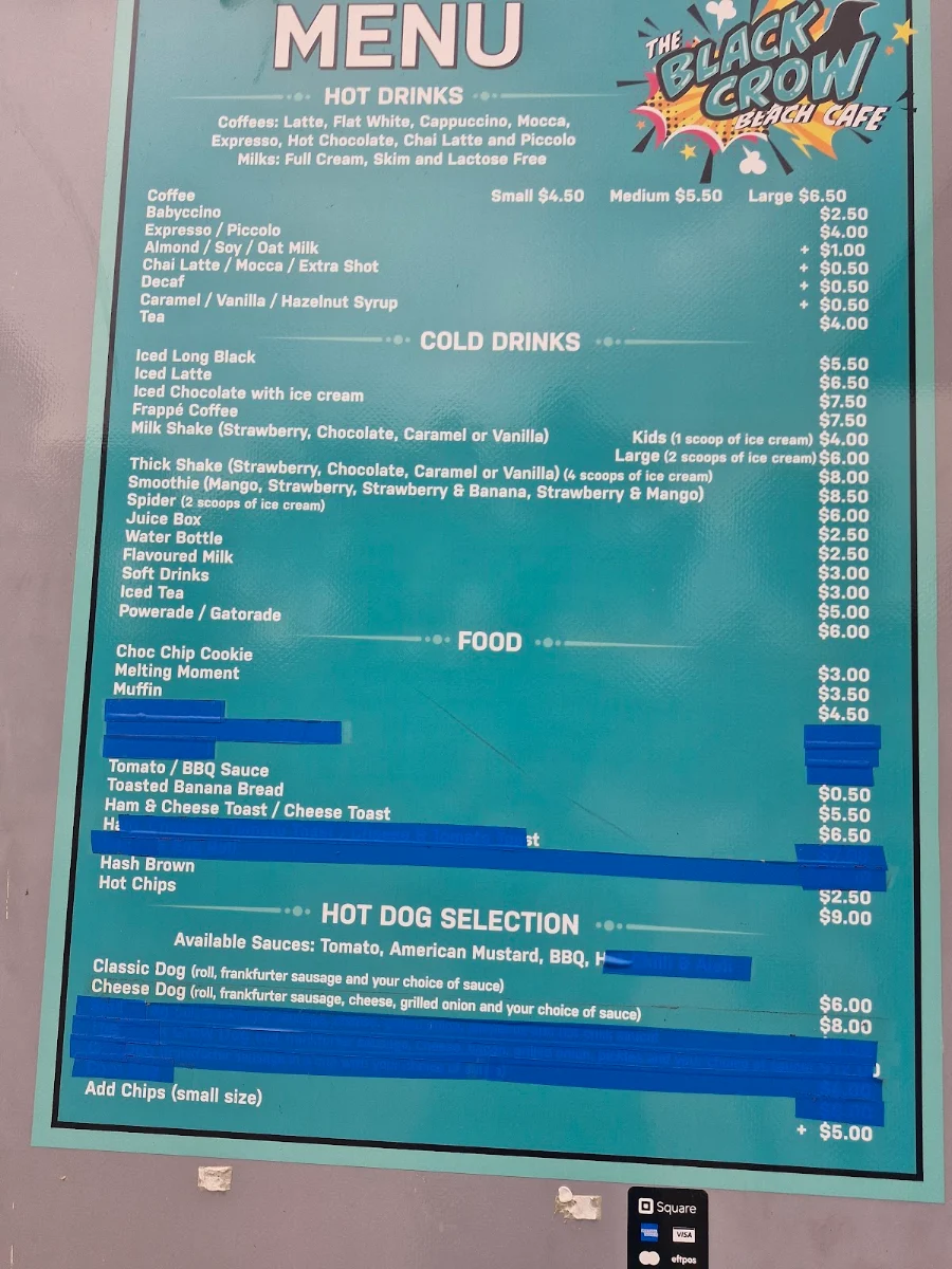Menu, The Black Crow Beach Cafe