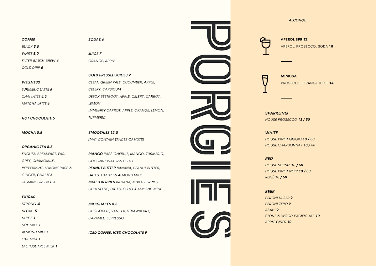 Menu, Porgies Cafe Hawthorn