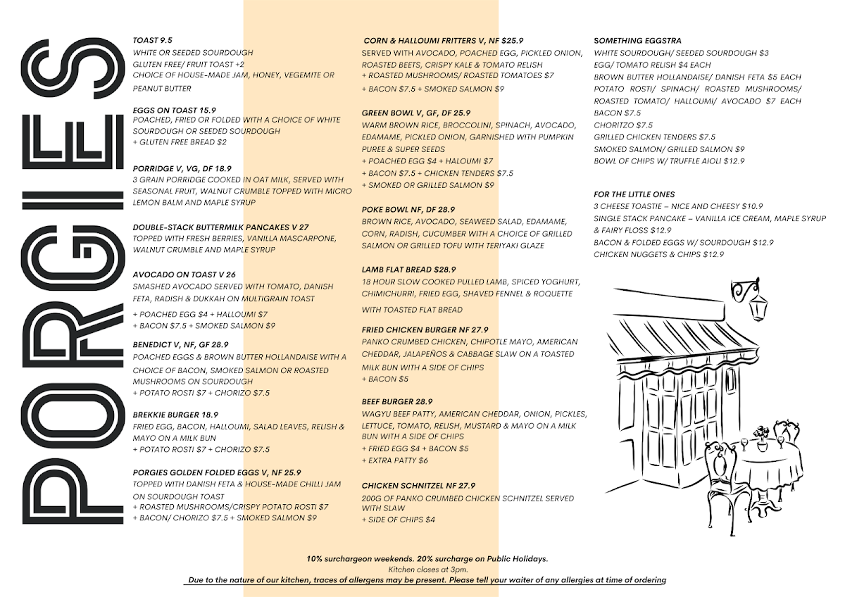 Menu, Porgies Cafe Hawthorn