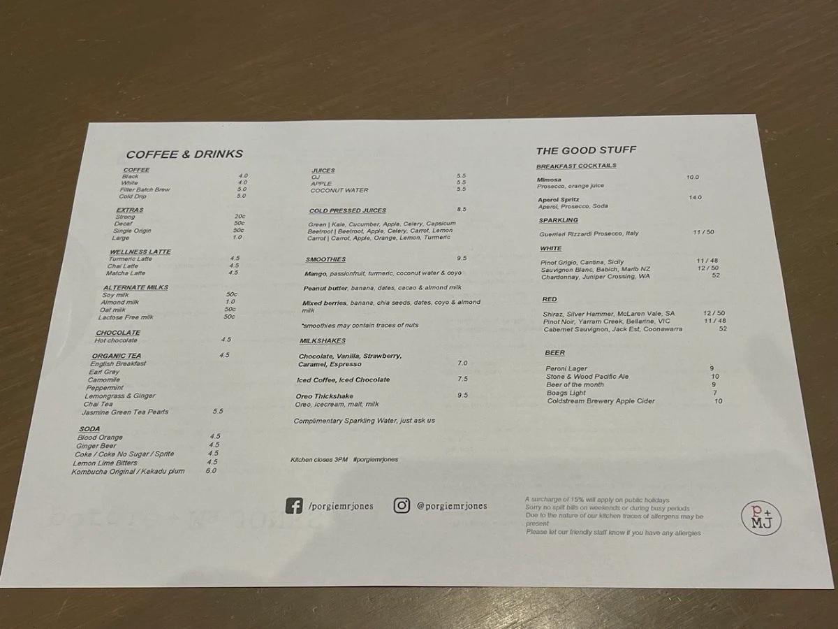 Menu, Porgies Cafe Hawthorn