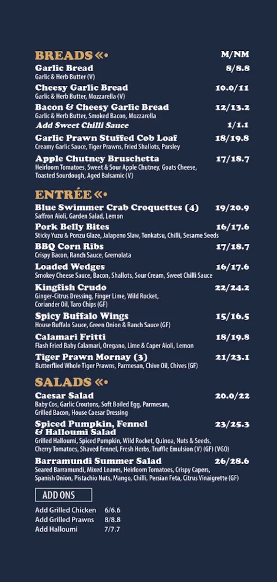 Menu, Lake Macquarie Tavern