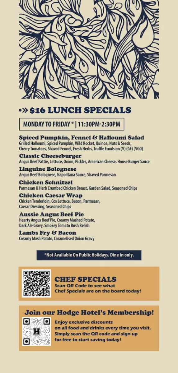 Menu, Lake Macquarie Tavern